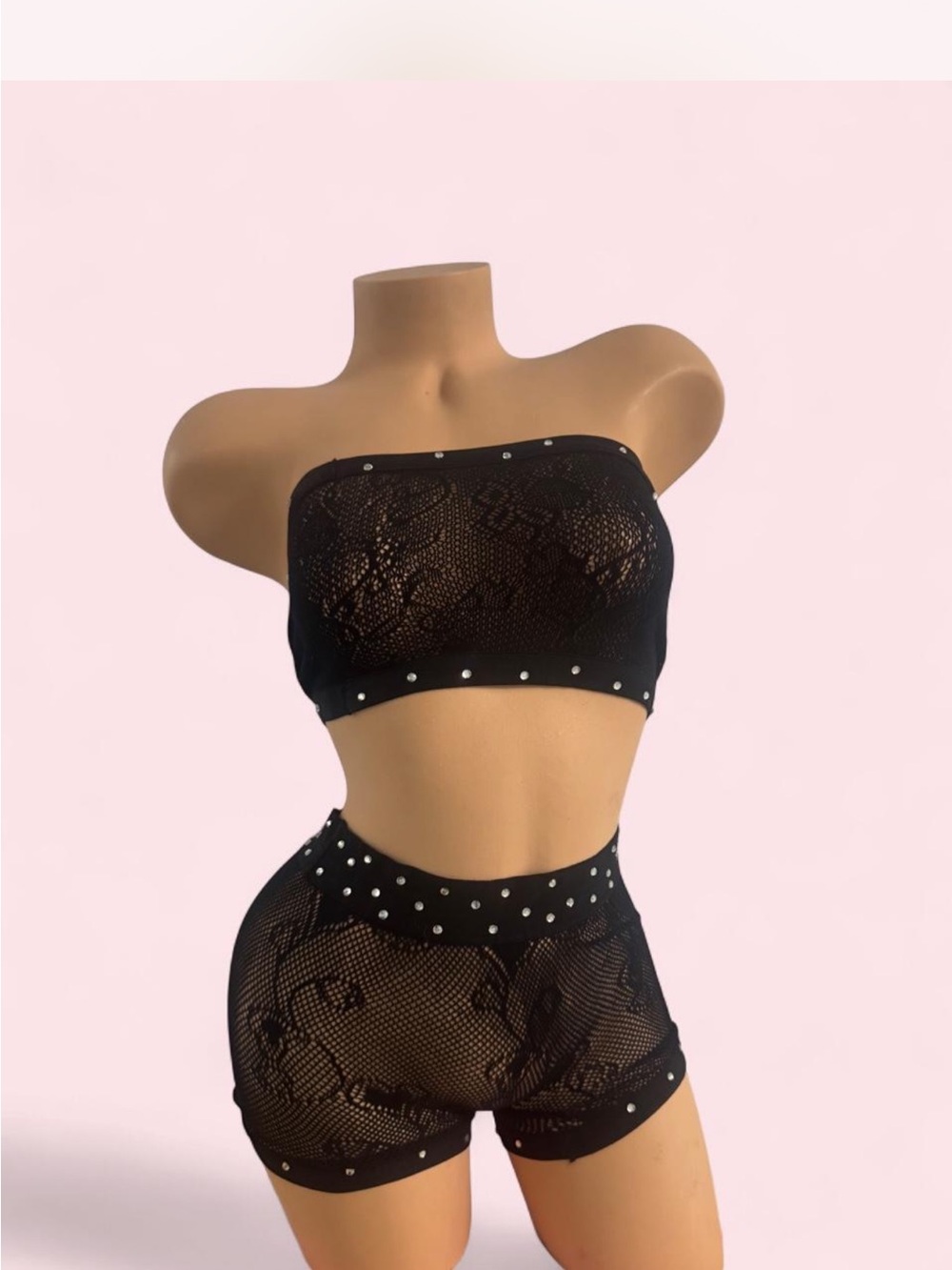 Black Lace Rhinestone Bandeau Top & High-Waist Shorts Set - Women Intimates